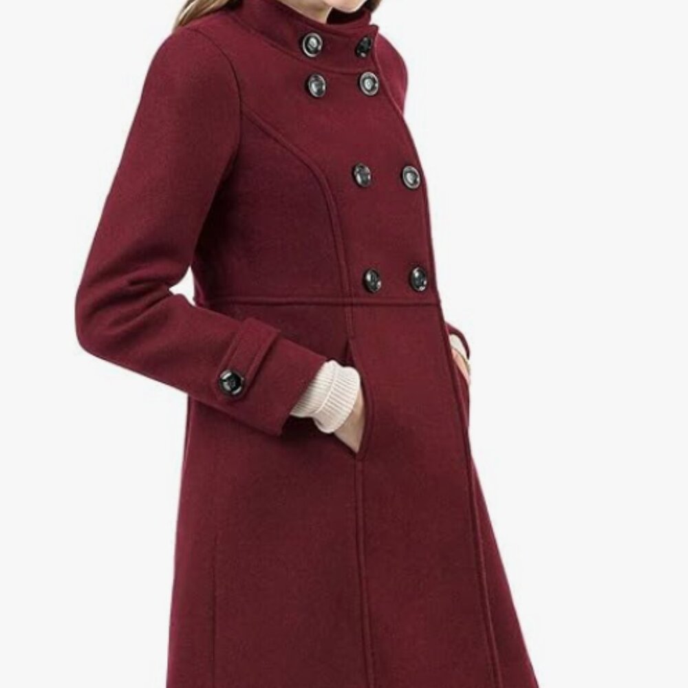 Allegra K Women's Stand Collar Double Breasted Slant Pockets Coat - Medium